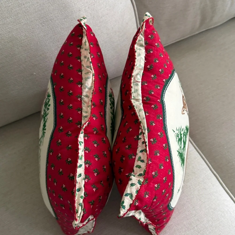 Vintage Quilted Deer Buck Cardinals Throw Holiday Pillows Set of 2
